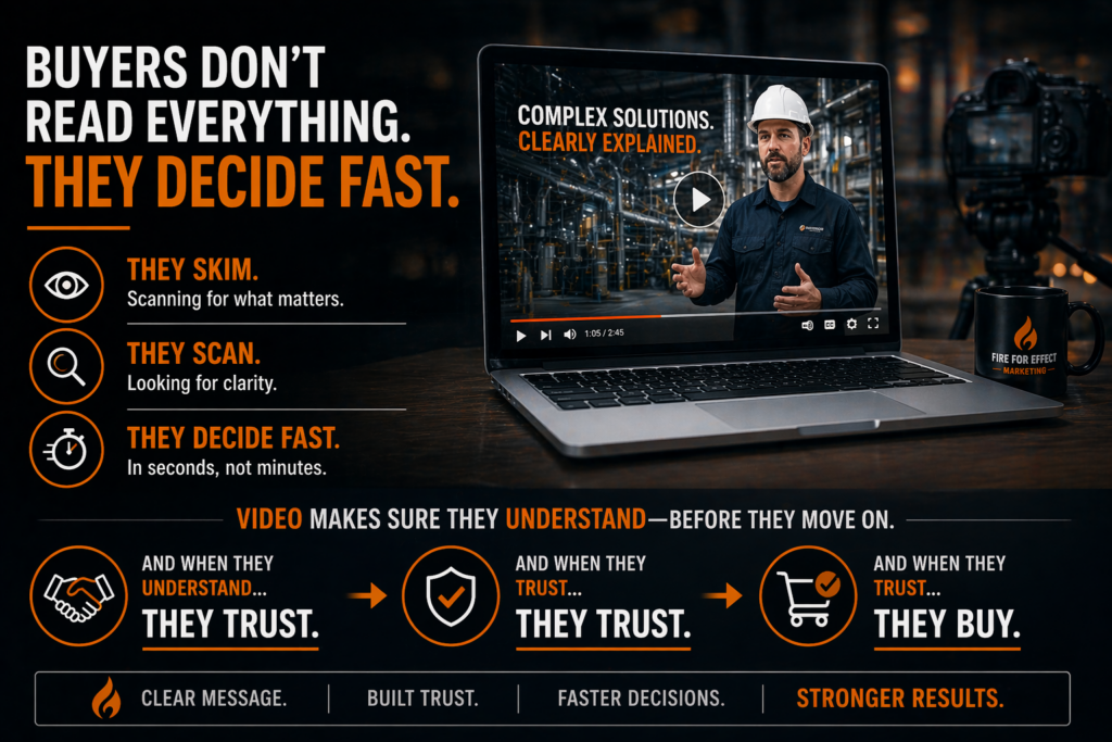 Video marketing helps buyers quickly understand complex services, build trust, and make faster purchasing decisions.