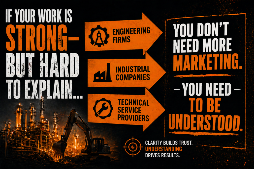 B2B marketing graphic for engineering and industrial companies showing that clear communication and understanding are more important than more marketing to win projects.