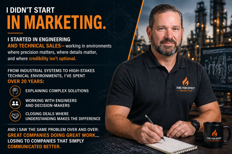 Engineering and technical sales professional explaining complex solutions, highlighting experience in industrial systems and credibility-driven marketing.