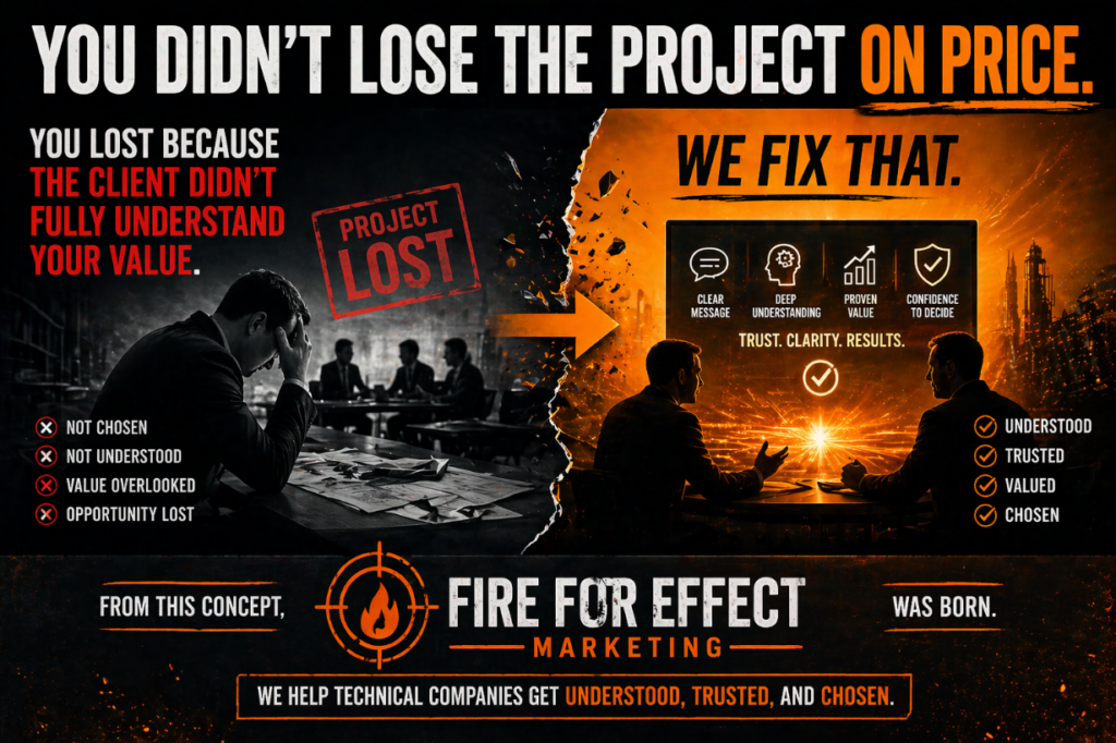 Marketing graphic explaining that engineering and industrial companies lose projects due to poor communication of value, not price, and how clear messaging builds trust and wins business.