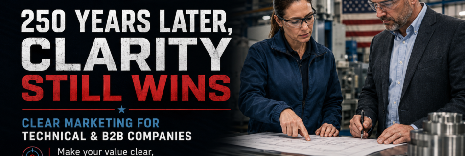 Fire For Effect Marketing graphic showing two technical professionals reviewing industrial plans in a manufacturing setting with patriotic 1776–2026 accents and the message “250 Years Later, Clarity Still Wins” for technical and B2B companies.