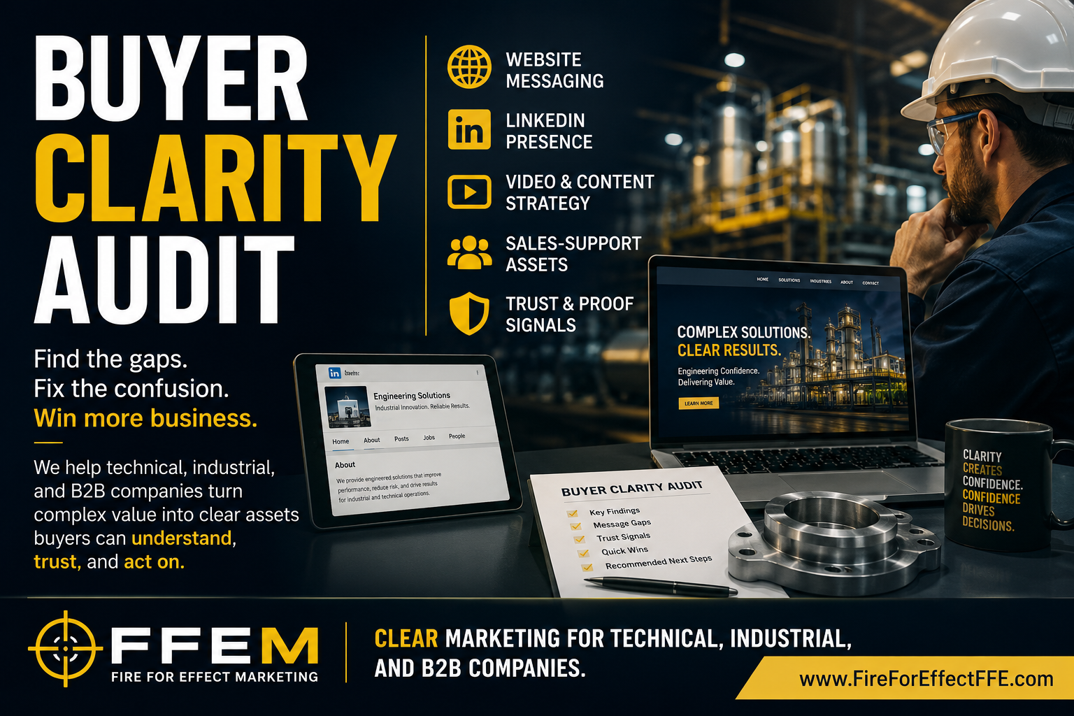 Buyer Clarity Audit graphic for technical, industrial, and B2B companies from Fire For Effect Marketing.