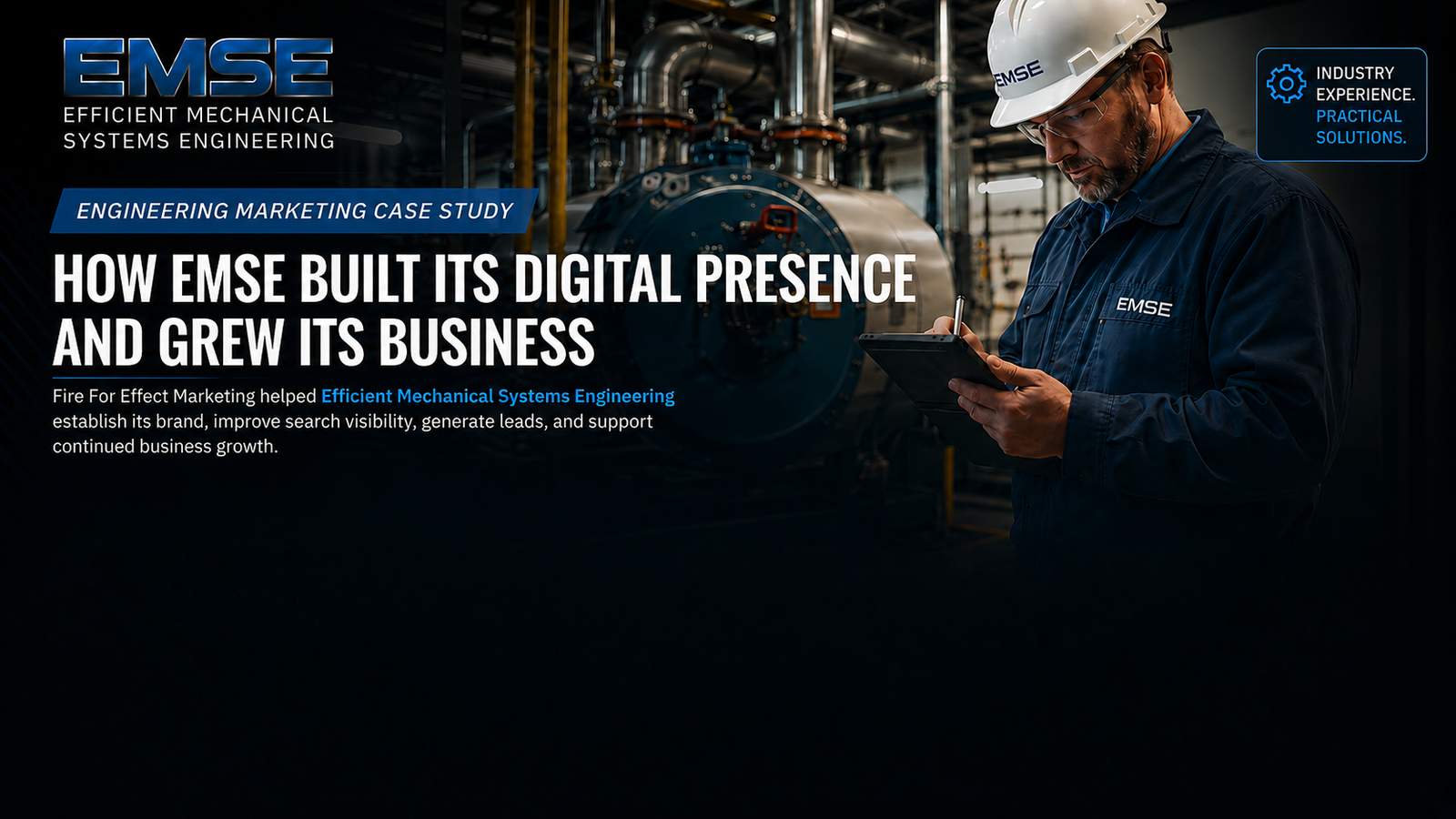 Engineering marketing case study showing EMSE’s website, SEO growth, video content, lead generation, and increased organic traffic.