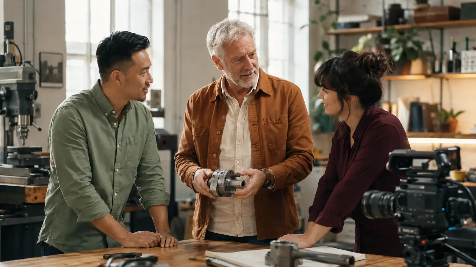 Experienced technical marketing founder discussing a machined component with engineering and video colleagues.