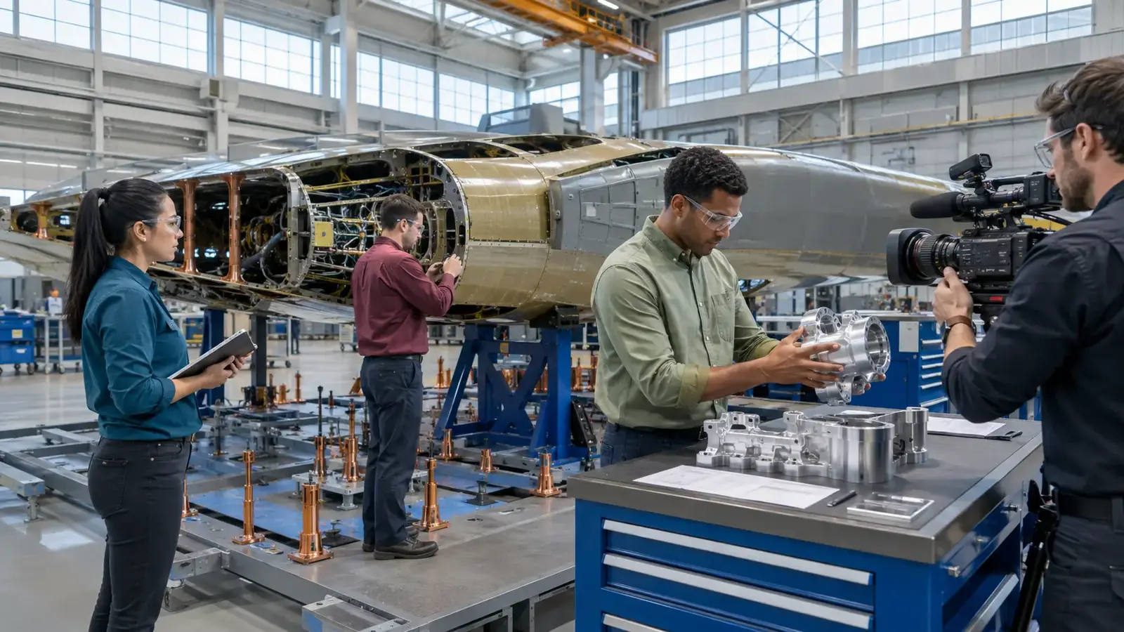 Aerospace engineers inspecting an aircraft structure and machined component during a professional video shoot.
