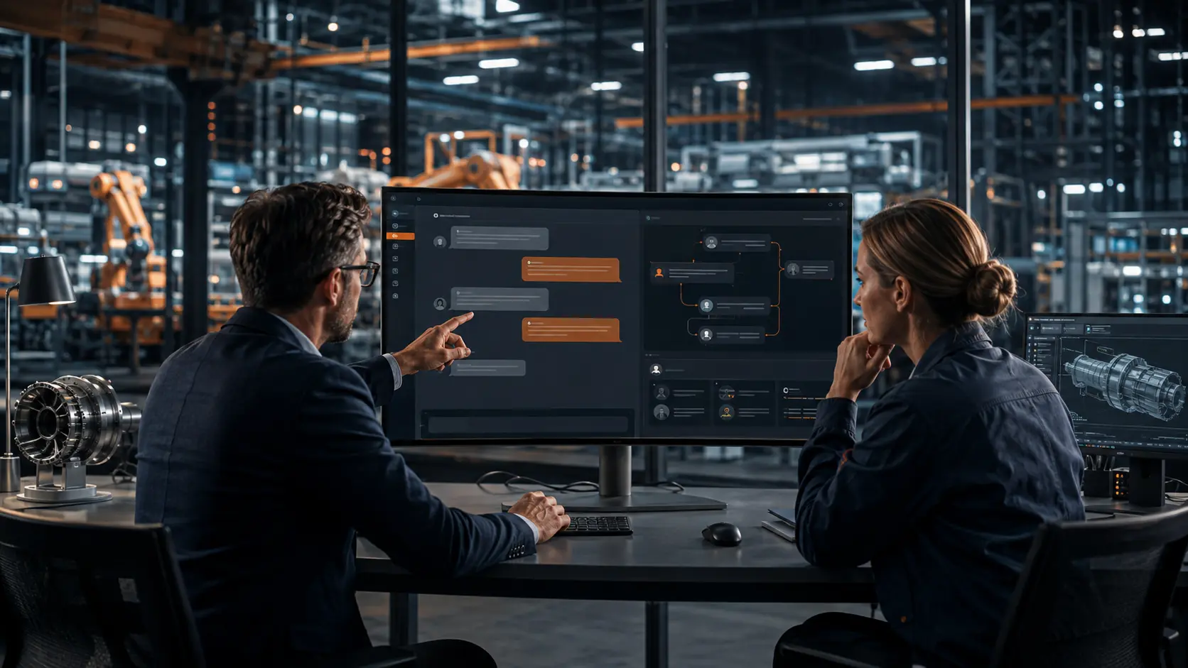 Technical and business professionals reviewing an AI chatbot workflow in a modern industrial facility.