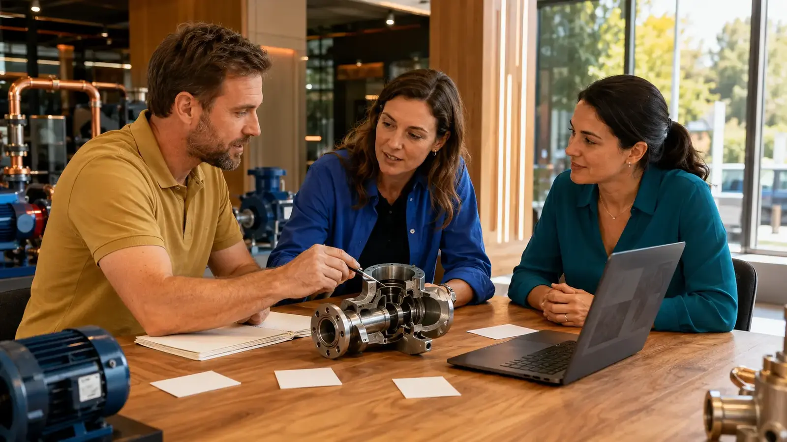 Diverse technical marketing team planning content around industrial components, cameras and digital layouts.