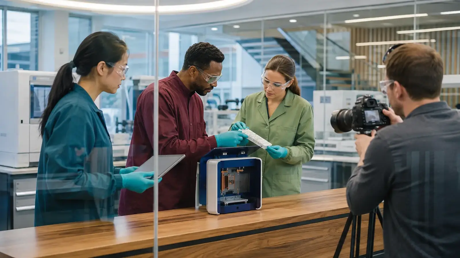 Biomedical engineers testing a precision diagnostic device while a photographer documents the work.