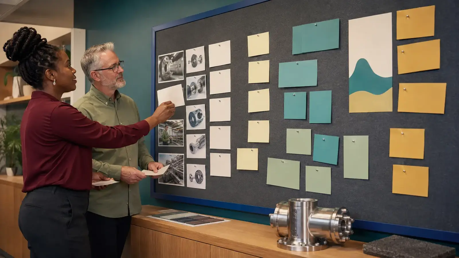 Technical strategist and engineering leader organizing product photographs and buyer-focused content on a review wall.