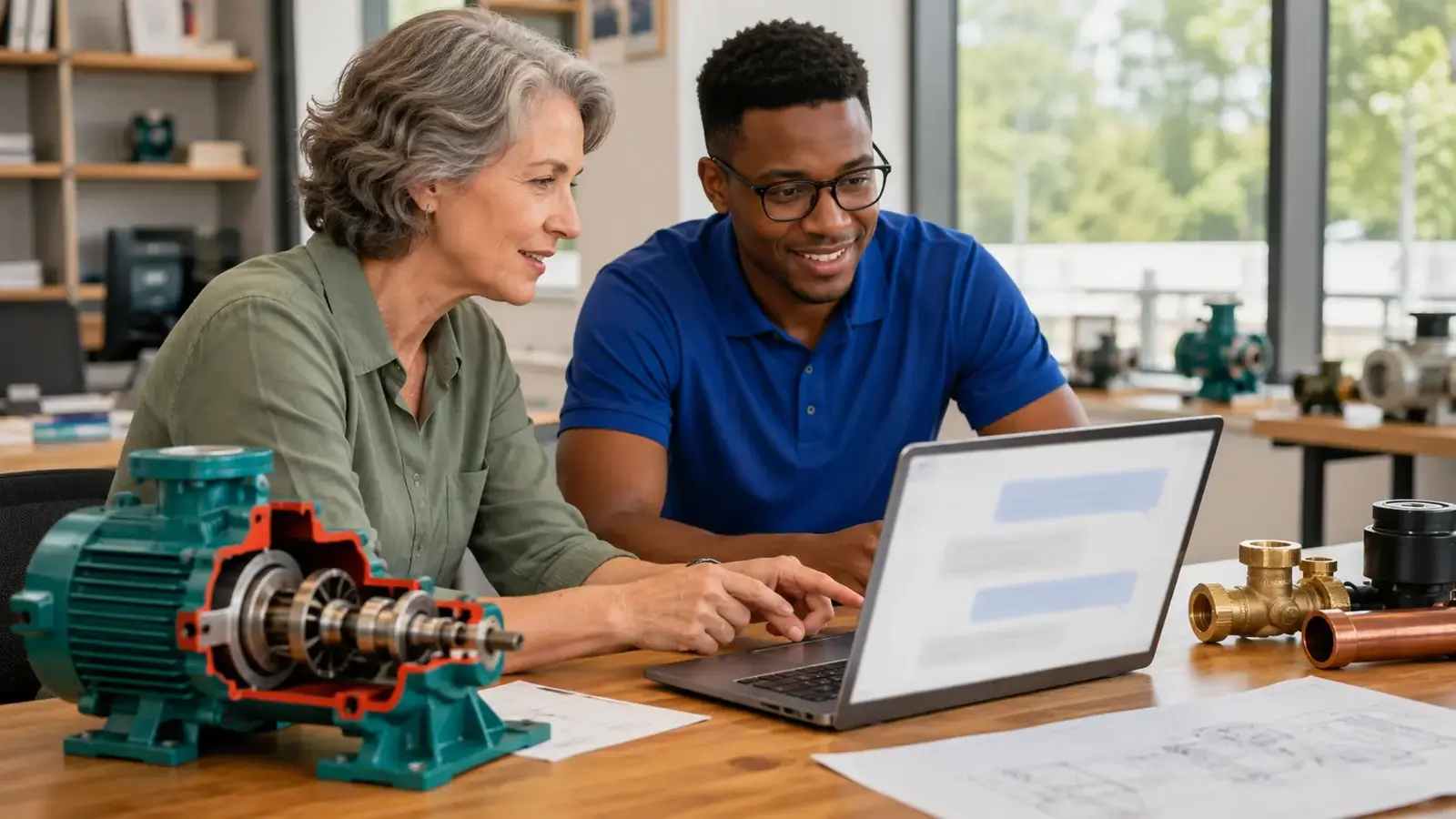 Applications engineer and web specialist testing a technical website conversation beside a pump cutaway.