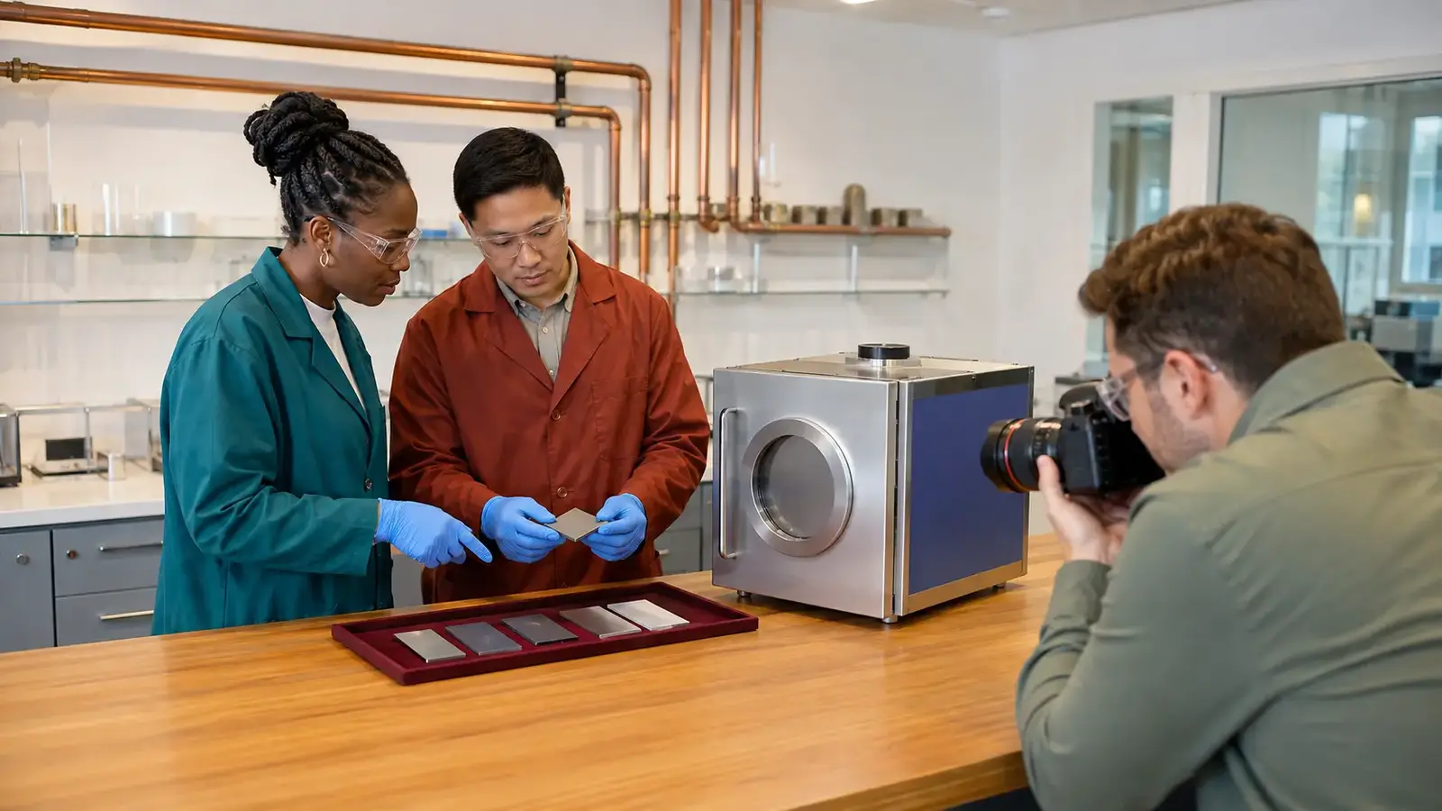 Materials engineers comparing coated metal samples beside a compact laboratory coating chamber.