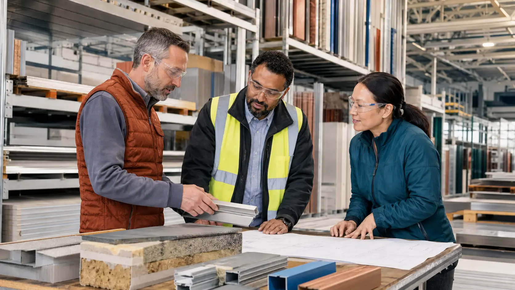 Building-product professionals evaluating construction materials and technical drawings in a manufacturing facility