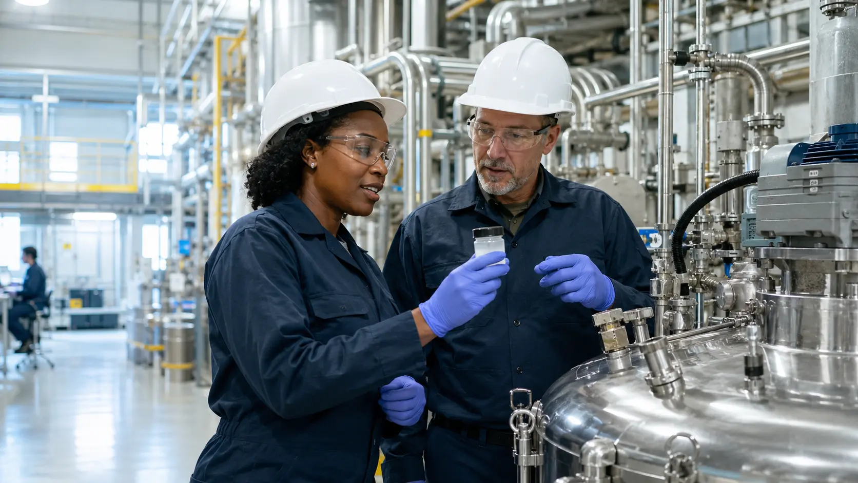 Chemical processing professionals wearing proper PPE review a sealed material sample beside closed stainless-steel production equipment.