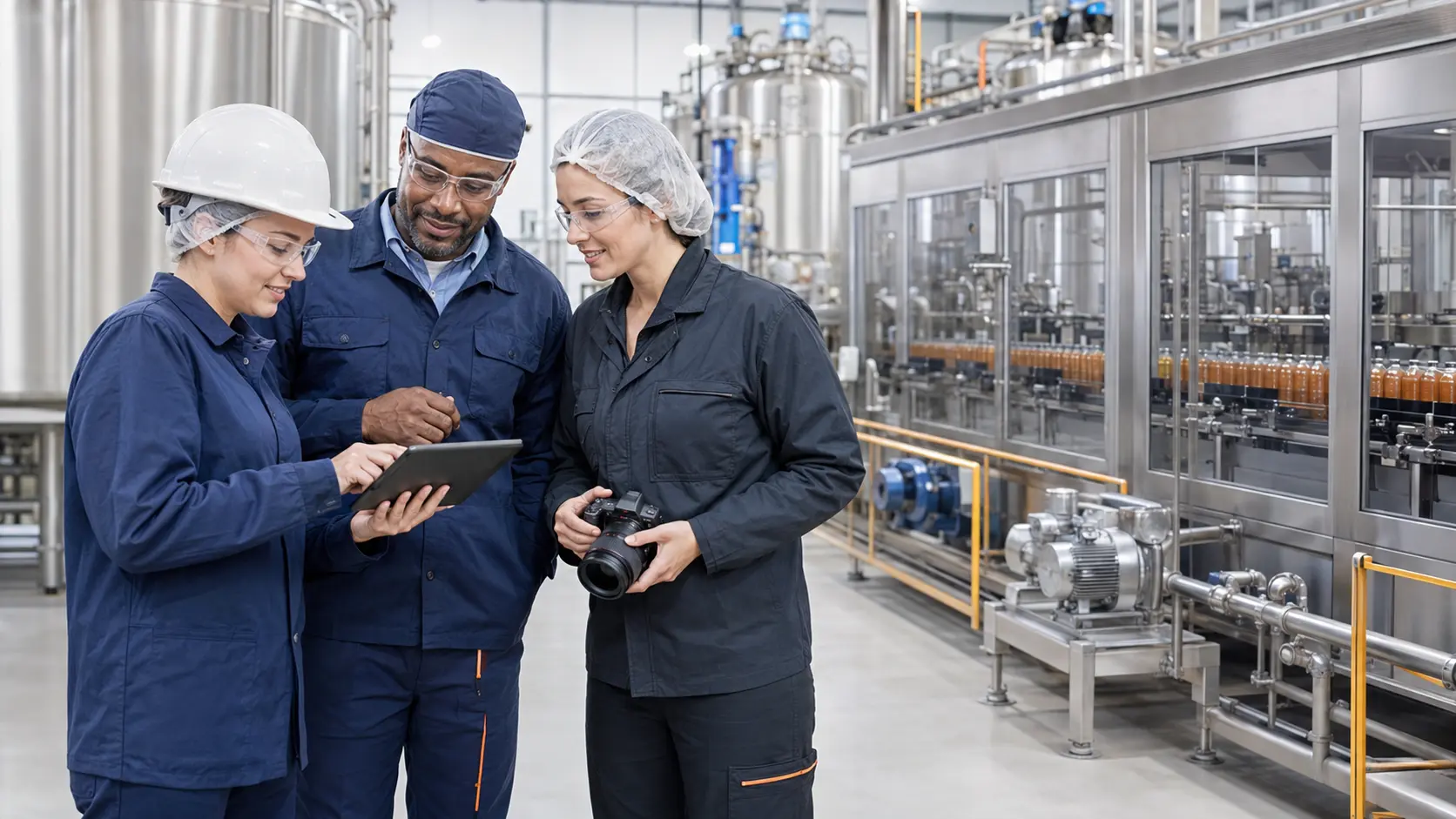Technical professionals reviewing food and beverage processing equipment inside a modern manufacturing facility.