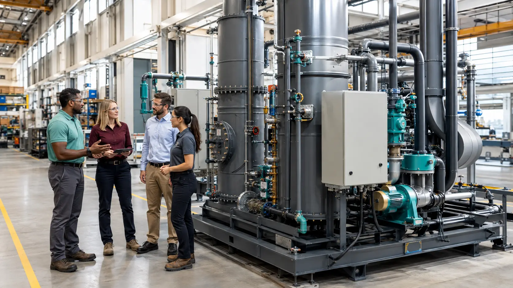 ngineers reviewing industrial gas scrubber and emissions-control equipment in a manufacturing facility