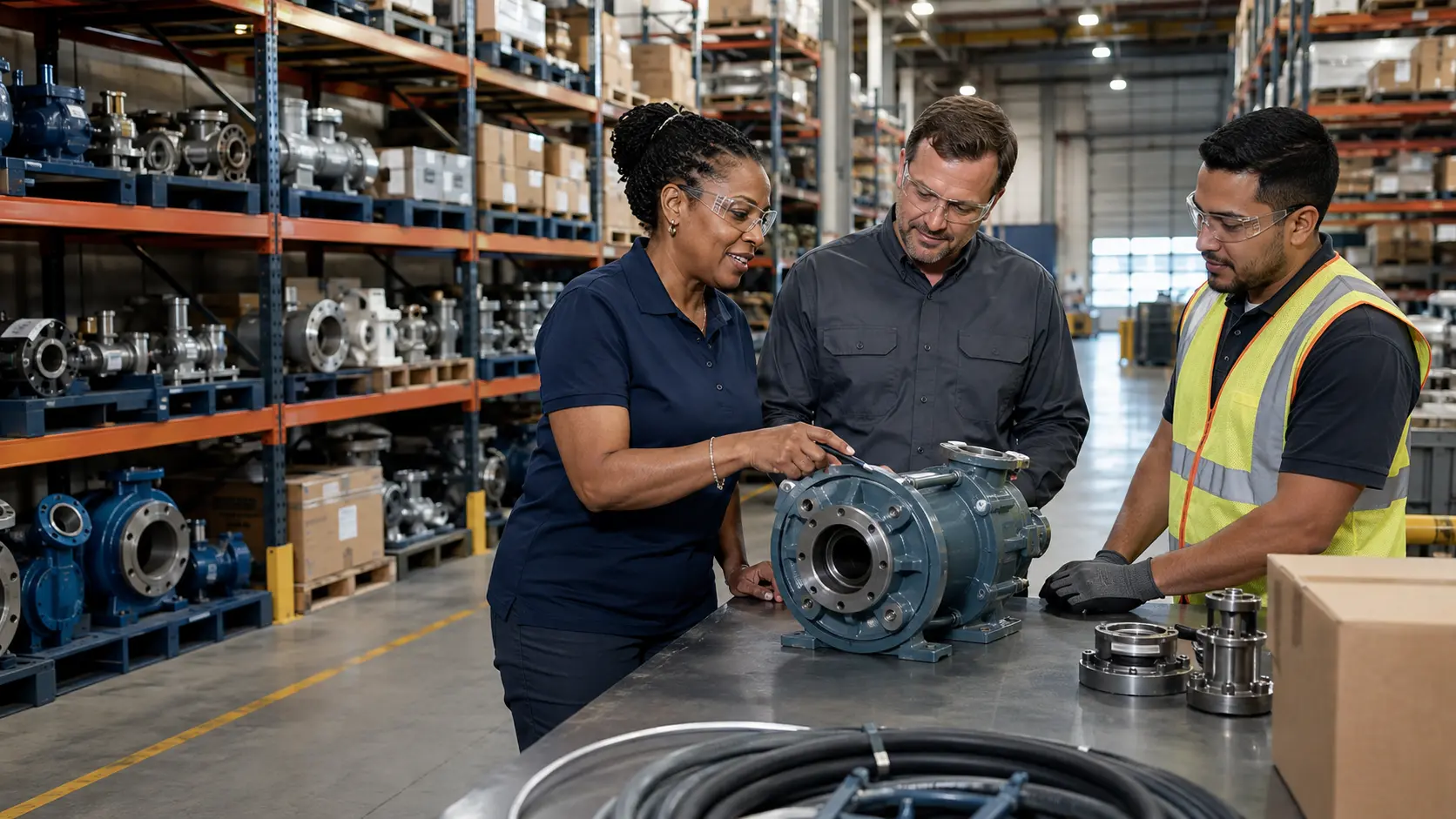 Technical sales and distribution professionals evaluating an industrial pump inside an organized industrial distribution center.