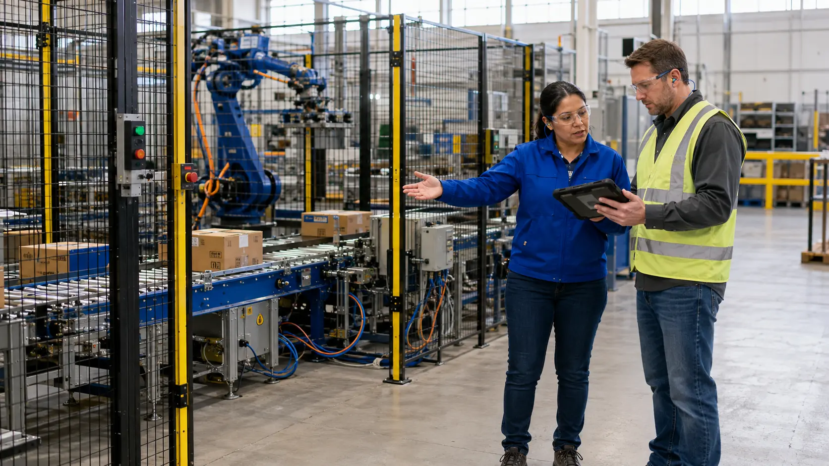 Automation engineer explaining a guarded robotic conveyor system to an industrial marketing specialist