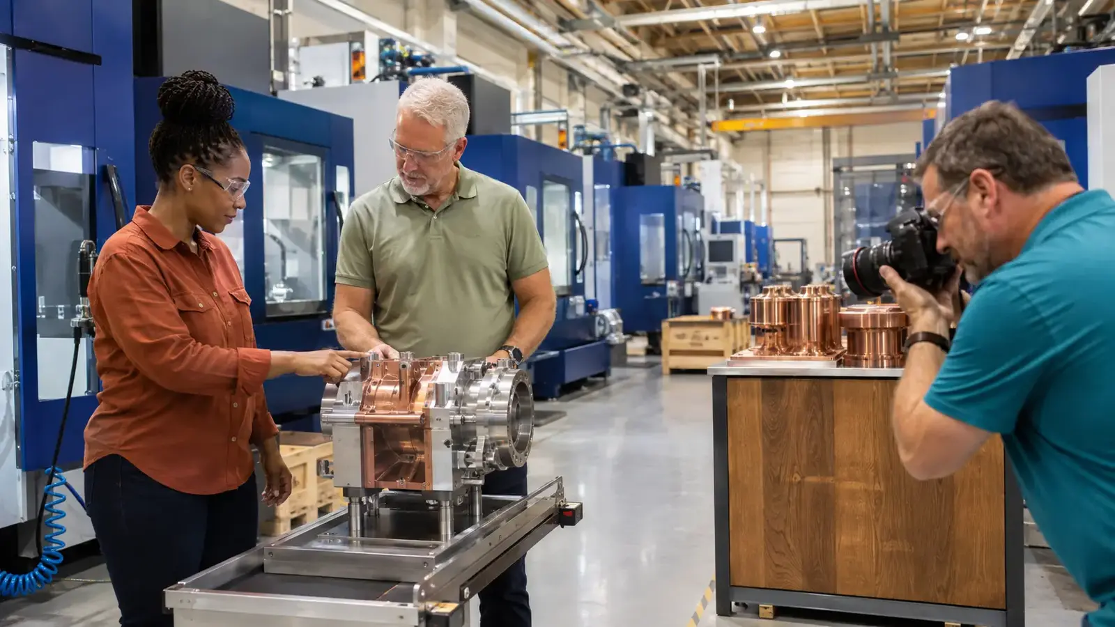 Manufacturing engineer and operations leader presenting a precision assembly for professional photography.