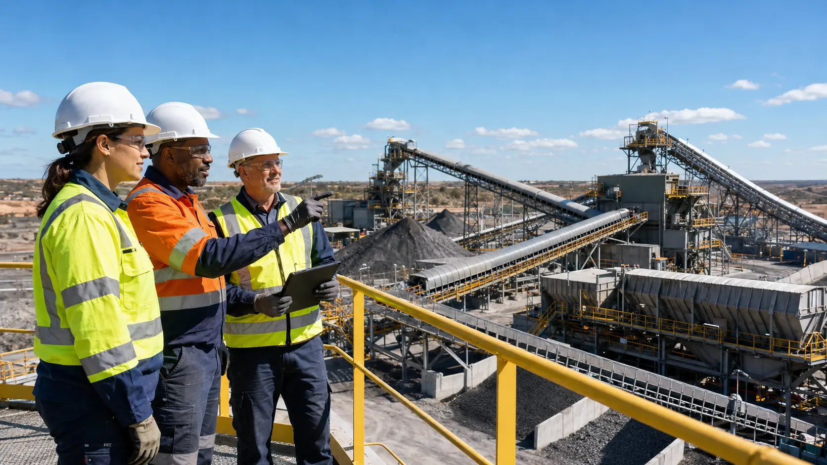 Industrial professionals in safety gear evaluating guarded conveyors and mineral-processing equipment at a surface facility.