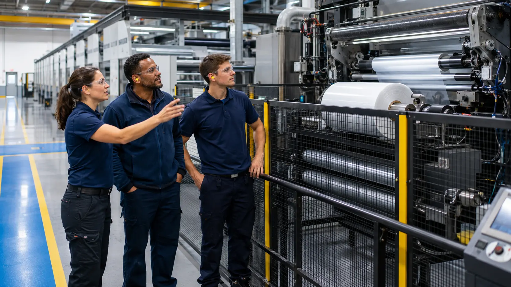 Packaging, printing and converting professionals evaluating a guarded flexible-film production line