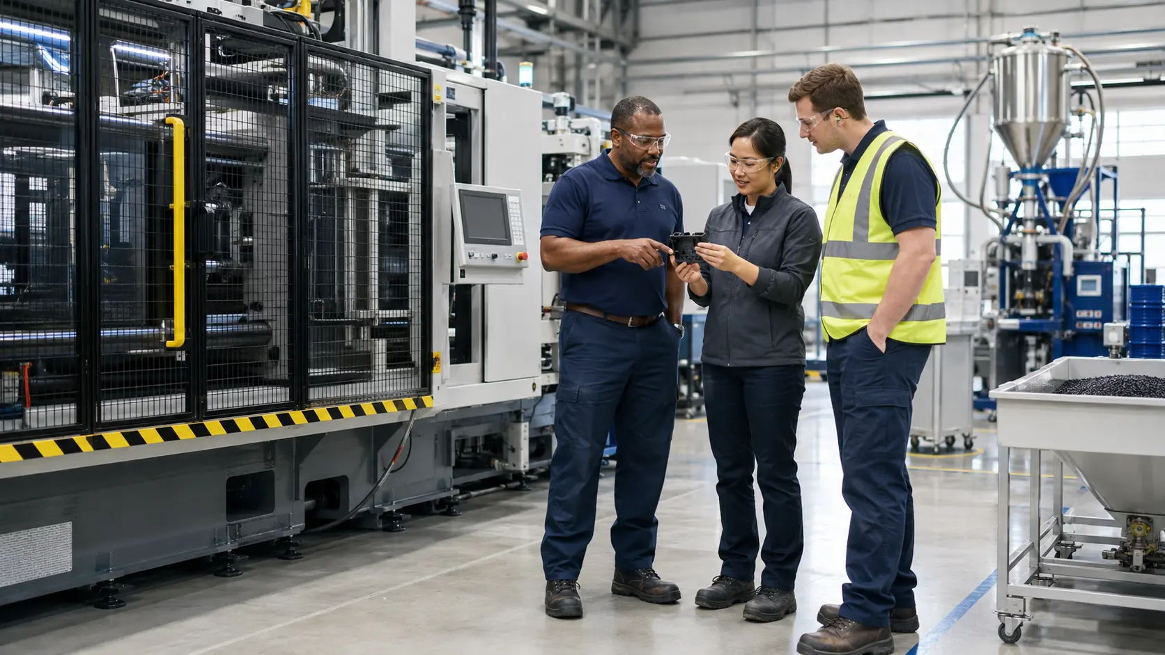 Engineering and operations professionals evaluating a molded polymer component beside guarded plastics-processing equipment.