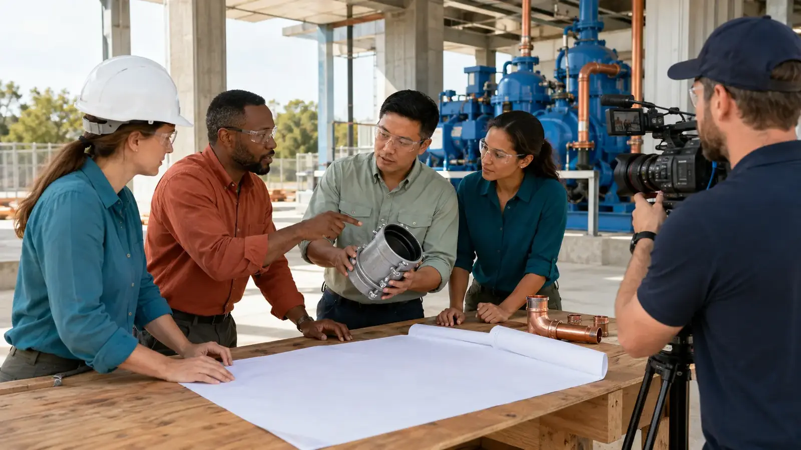 Diverse engineers reviewing an infrastructure pipe joint while a videographer documents their expertise.