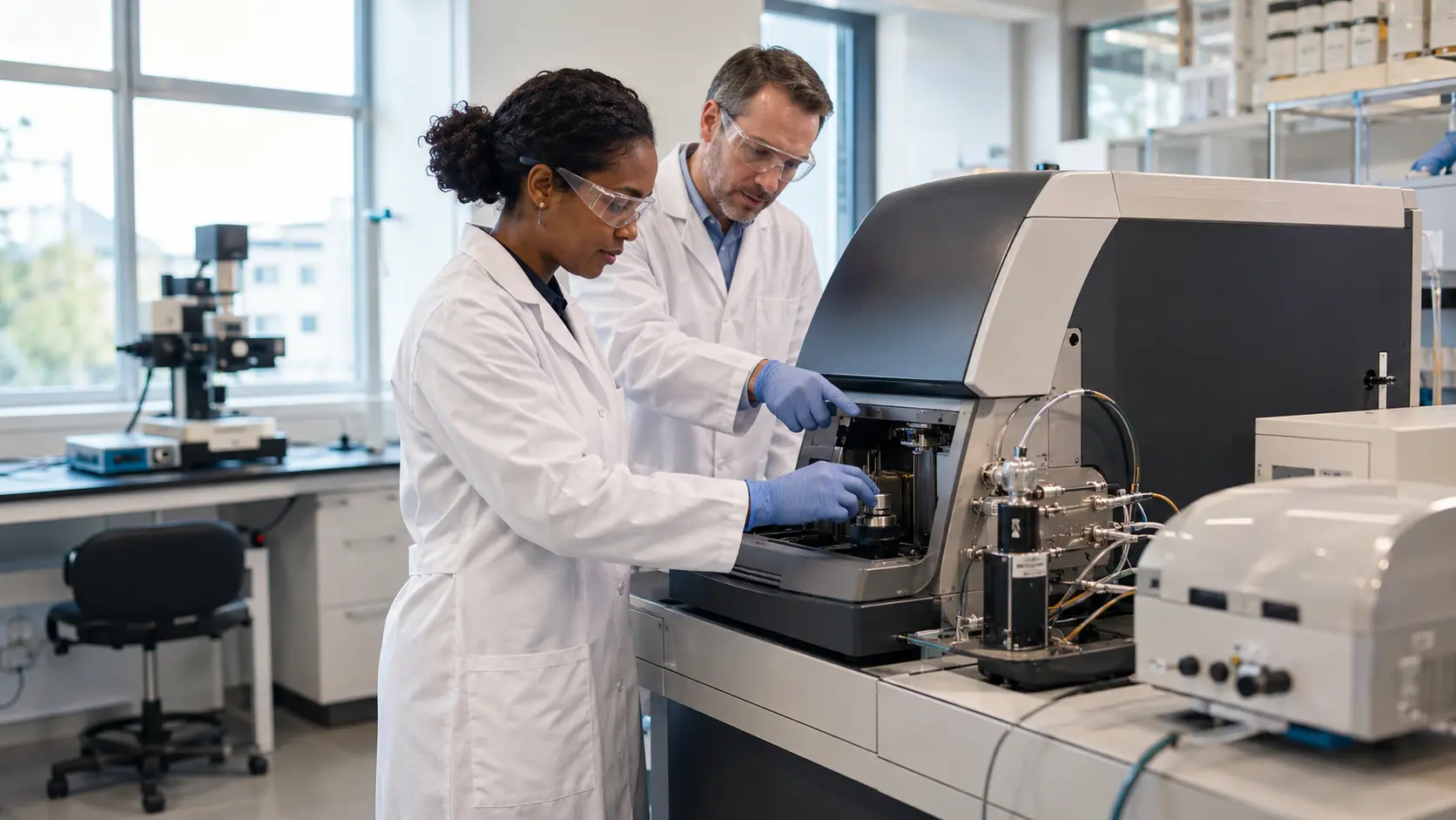 Two laboratory equipment professionals working together on analytical instrumentation in a bright modern laboratory.