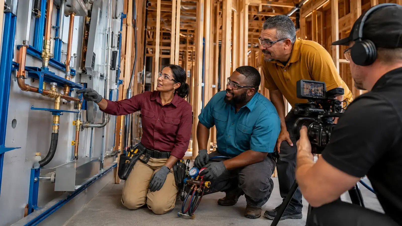 Electrician, HVAC technician and project manager explaining a commercial mechanical installation during filming.