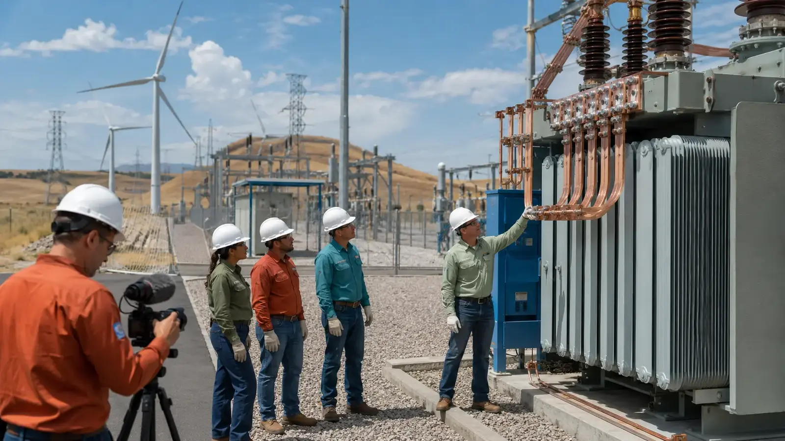 Power engineers inspecting transformer connections from a safe substation path during filming.