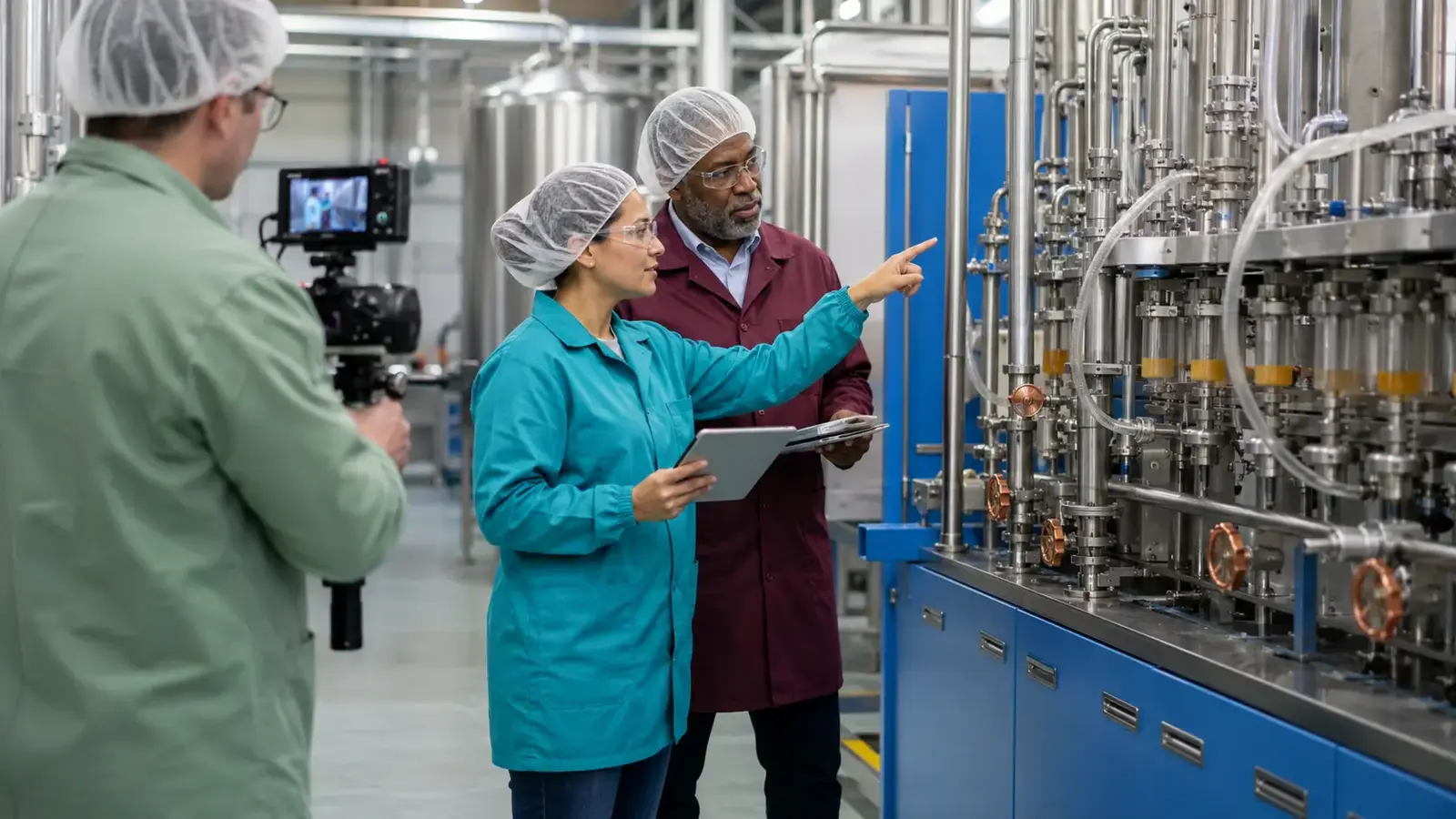 Process engineer and operations manager inspecting a hygienic beverage filling system during filming.