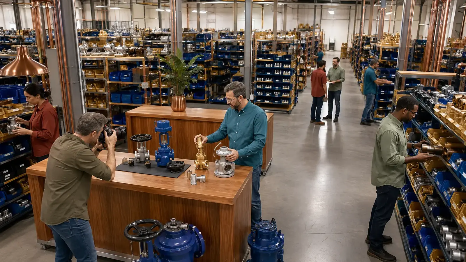 Industrial distribution team organizing valves, motors and components while a photographer documents products.