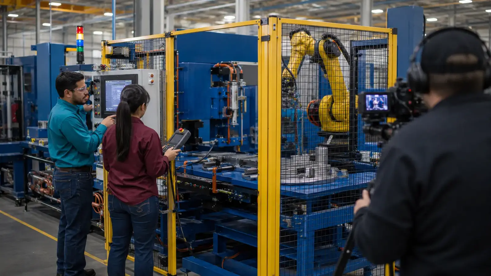Controls and applications engineers testing a guarded robotic automation cell while a videographer records.
