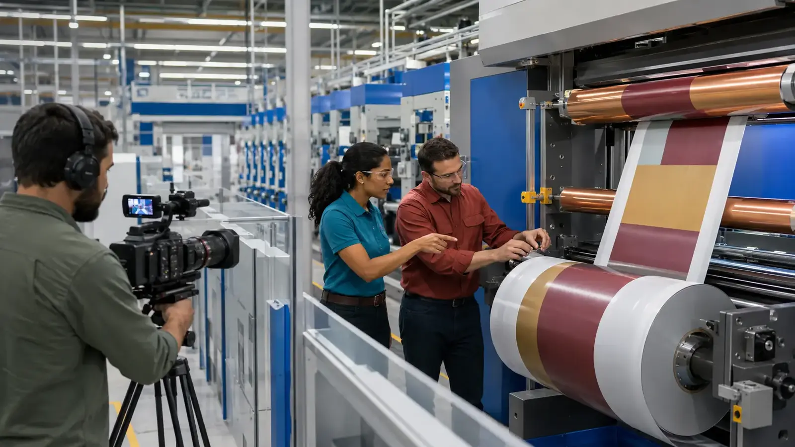 Production engineers inspecting a colorful roll-to-roll converting line while a videographer records.