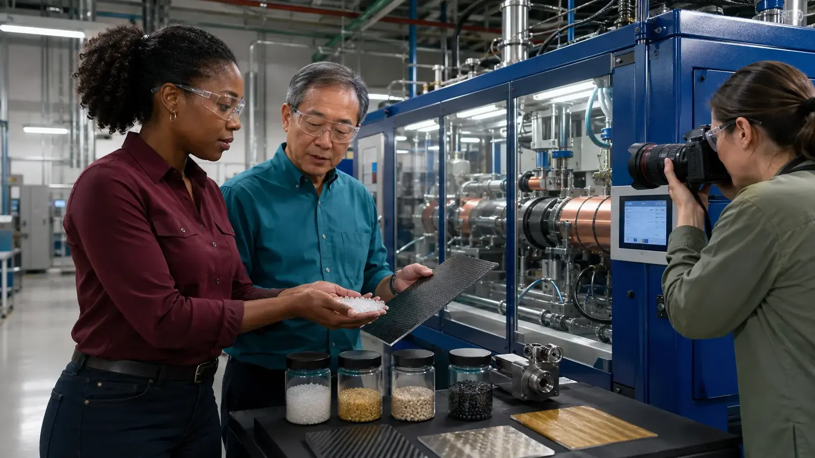 Materials engineers presenting polymer pellets and a carbon-fiber composite panel beside processing equipment.