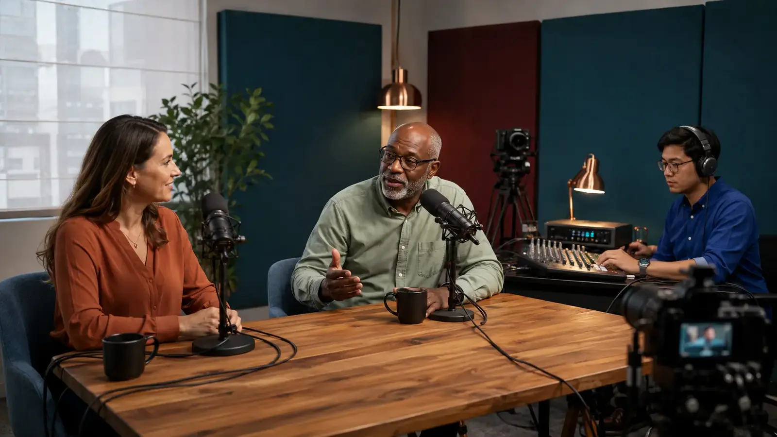 Engineering executive and technical host recording a podcast while an audio producer monitors the session.