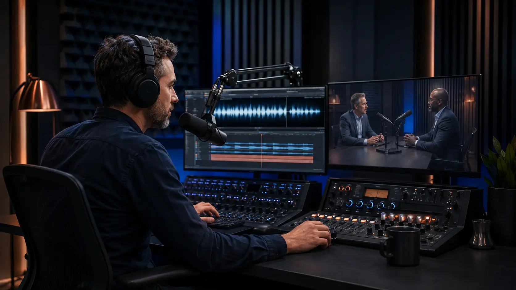 Podcast editor refining a technical B2B interview in a professional audio and video production studio