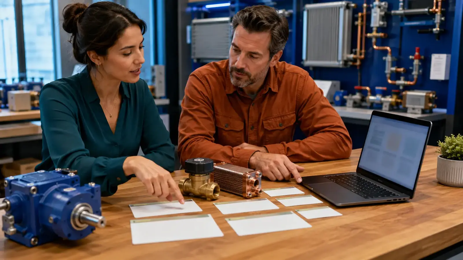 Marketing analyst and industrial sales manager matching campaign ideas to technical product samples.