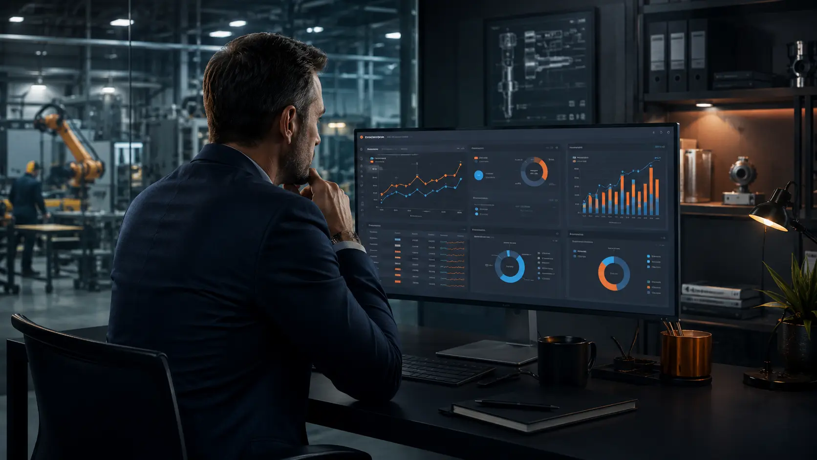 B2B marketing strategist reviewing PPC campaign performance beside a modern industrial manufacturing floor