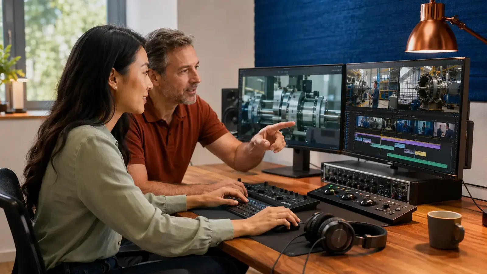 Video editor and industrial client reviewing machinery footage in a professional editing suite.