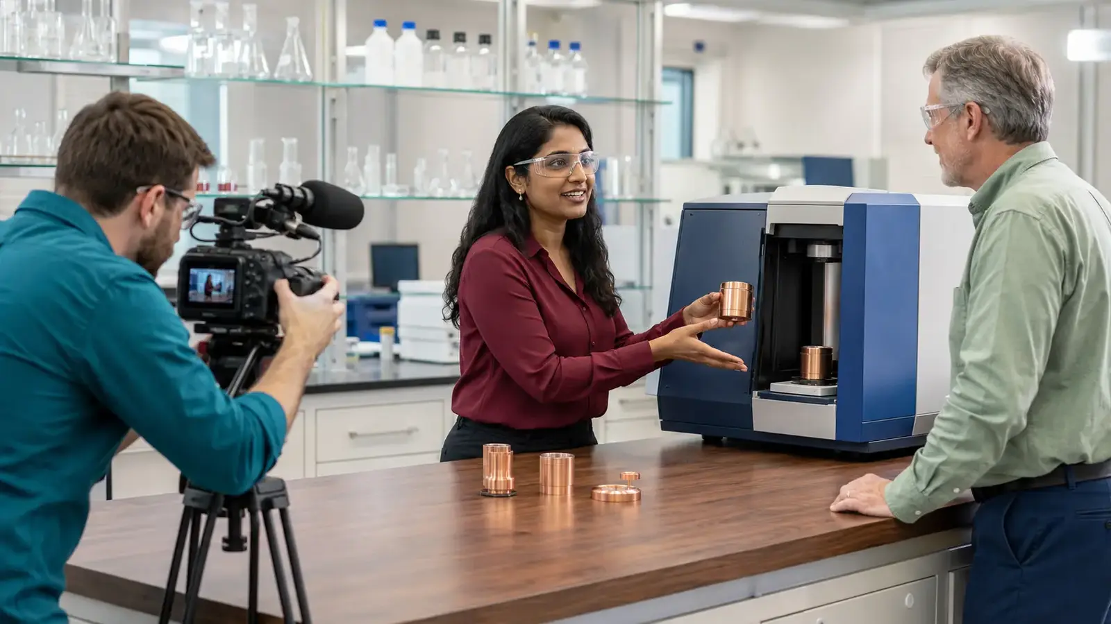 Applications scientist demonstrating a laboratory instrument and sample holder during professional filming.