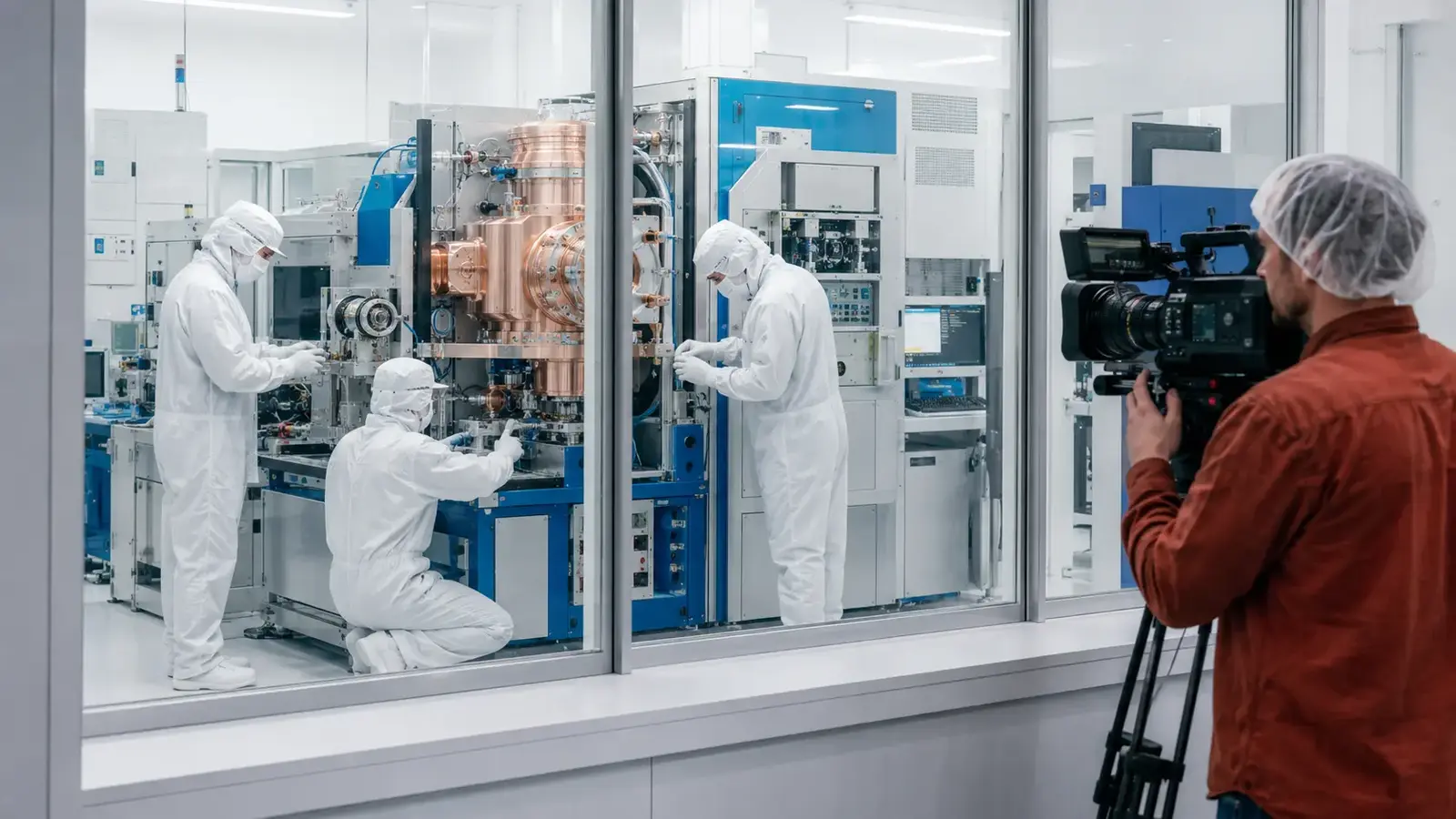 Cleanroom engineers servicing wafer-processing equipment while a videographer films through observation glass.