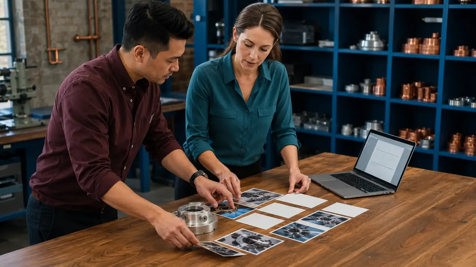 Technical SEO specialist and manufacturing engineer organizing product photographs and content cards.