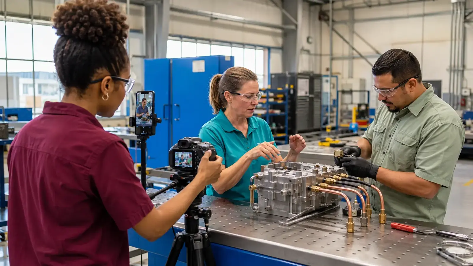 Content producer recording an engineer explaining a precision industrial assembly.