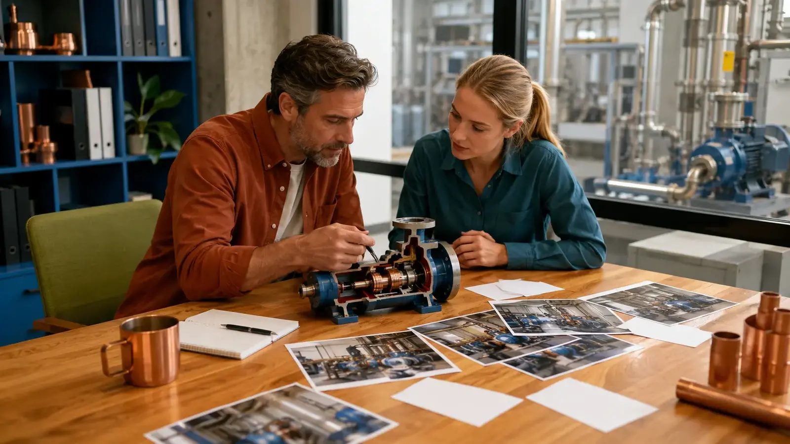 Technical strategist and engineer reviewing industrial photographs and a pump cutaway.