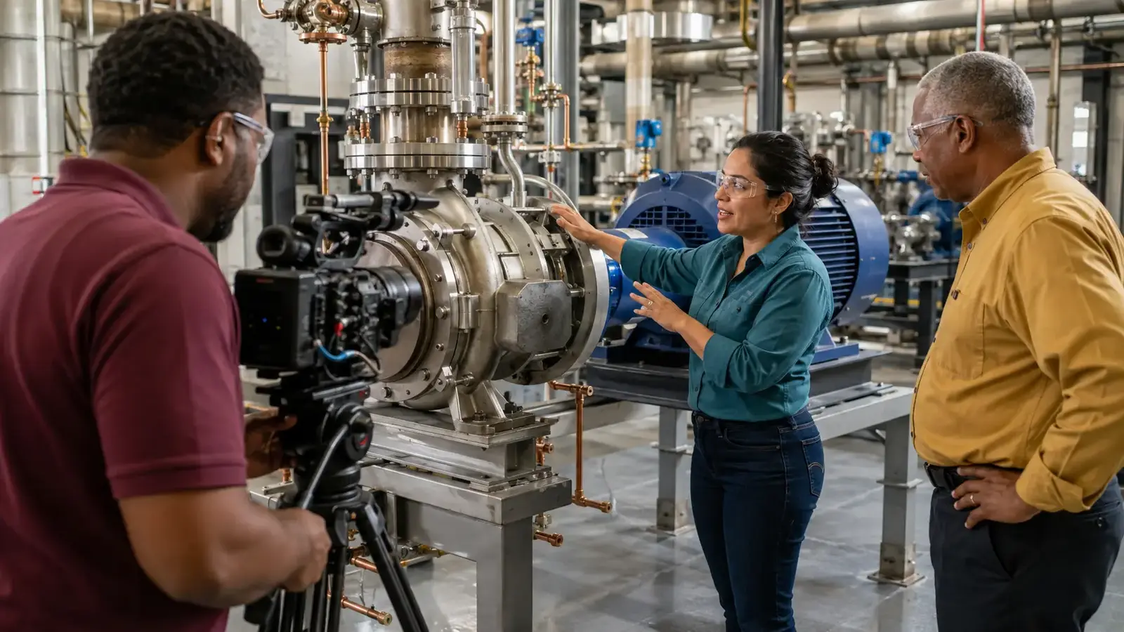 Process engineer demonstrating a large industrial pump during an onsite professional video shoot.