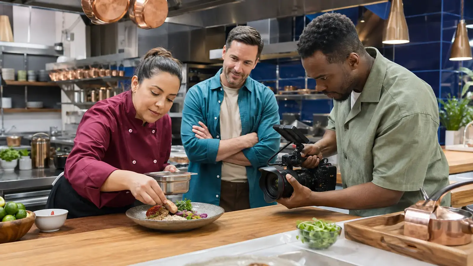 Chef plating a dish while a professional camera operator records the food and kitchen experience.