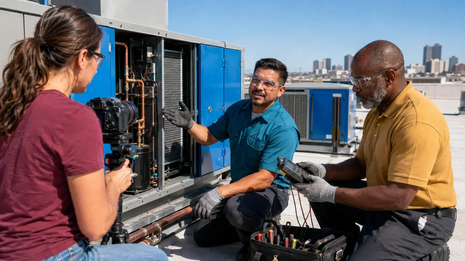 HVAC technician explaining a rooftop air-handling unit during a professional video shoot.