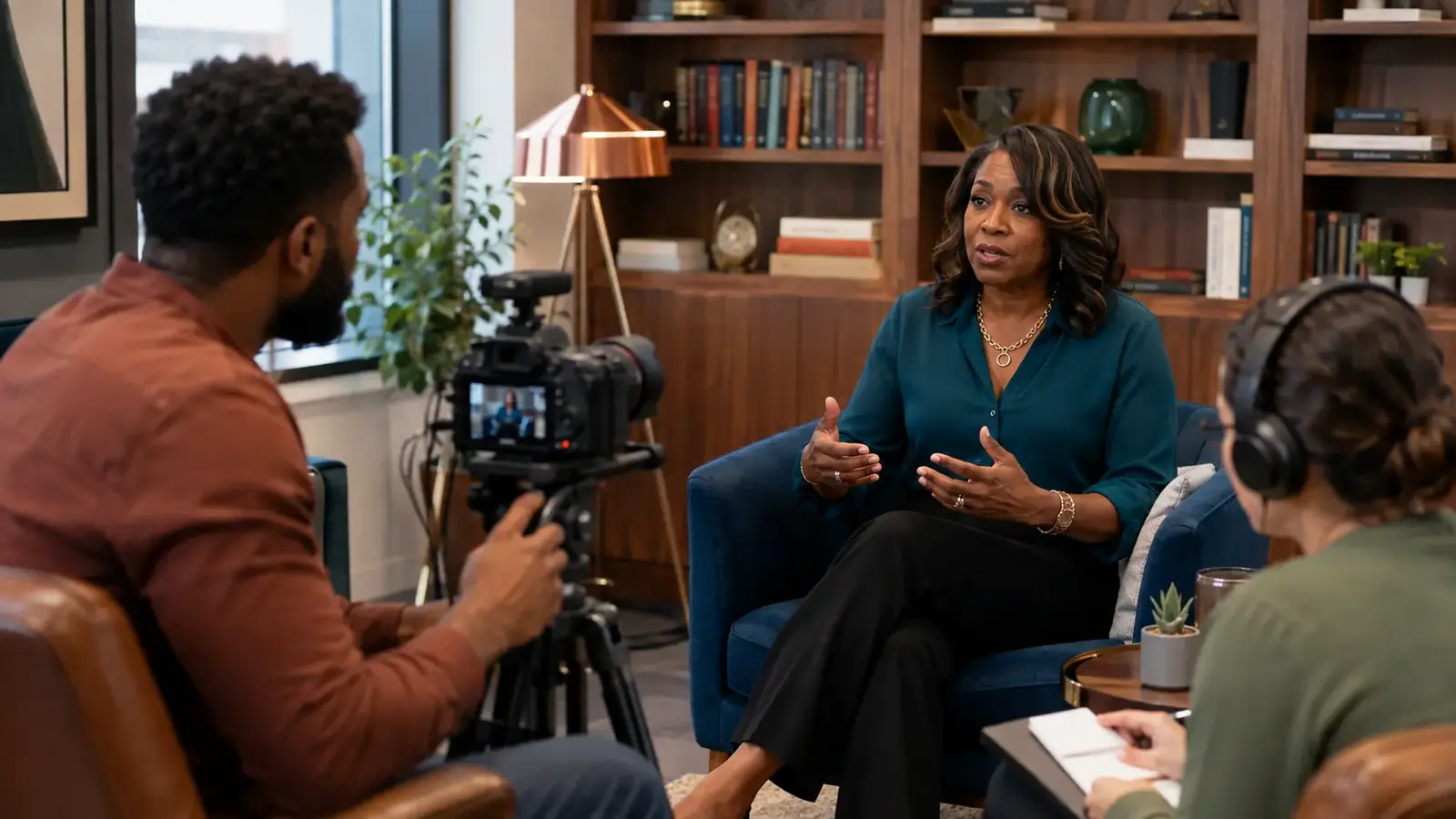 Attorney speaking during a professional office video interview with a camera and audio crew.