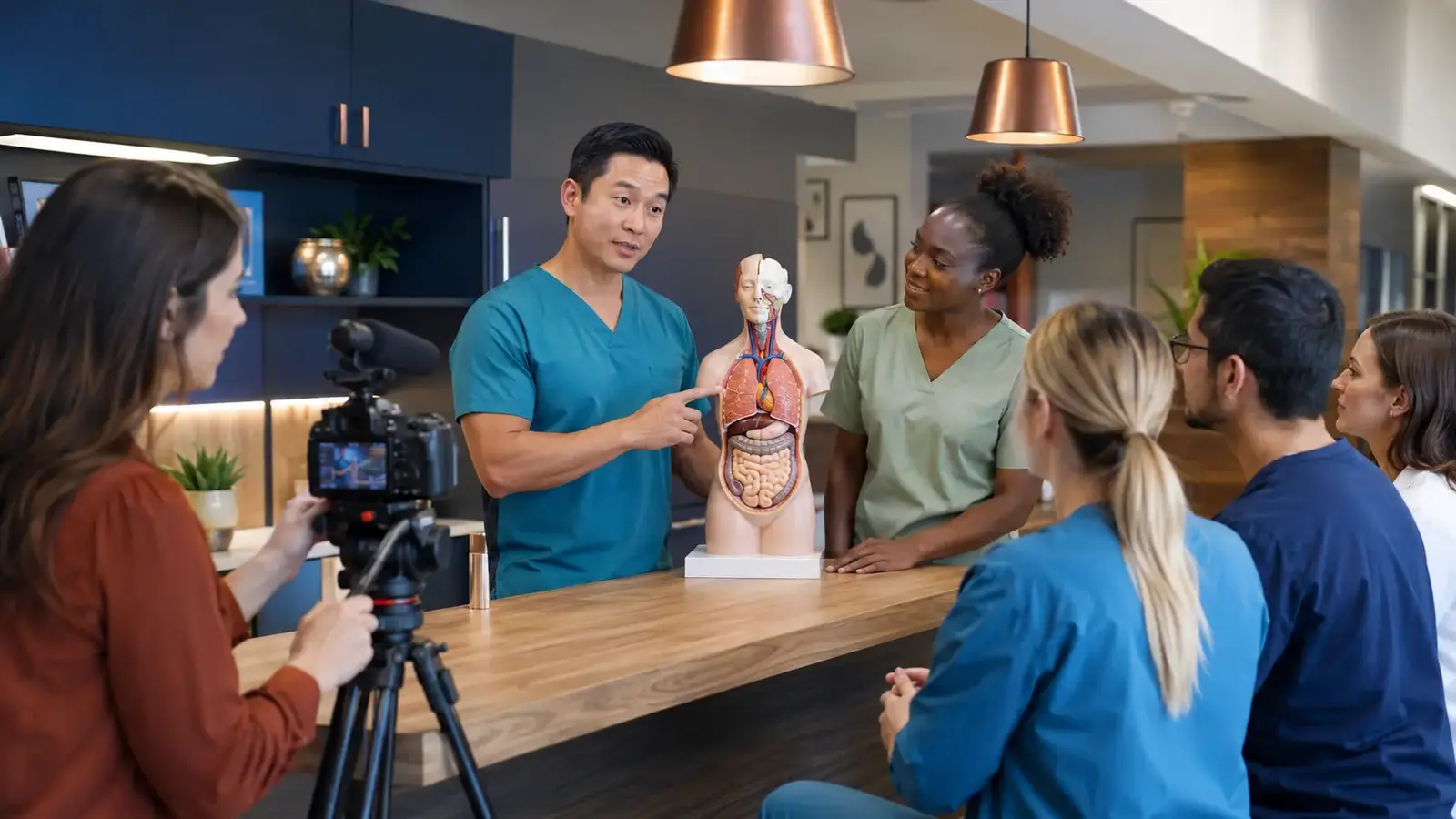 Physician and nurse presenting an anatomical teaching model during a clinical education video shoot.