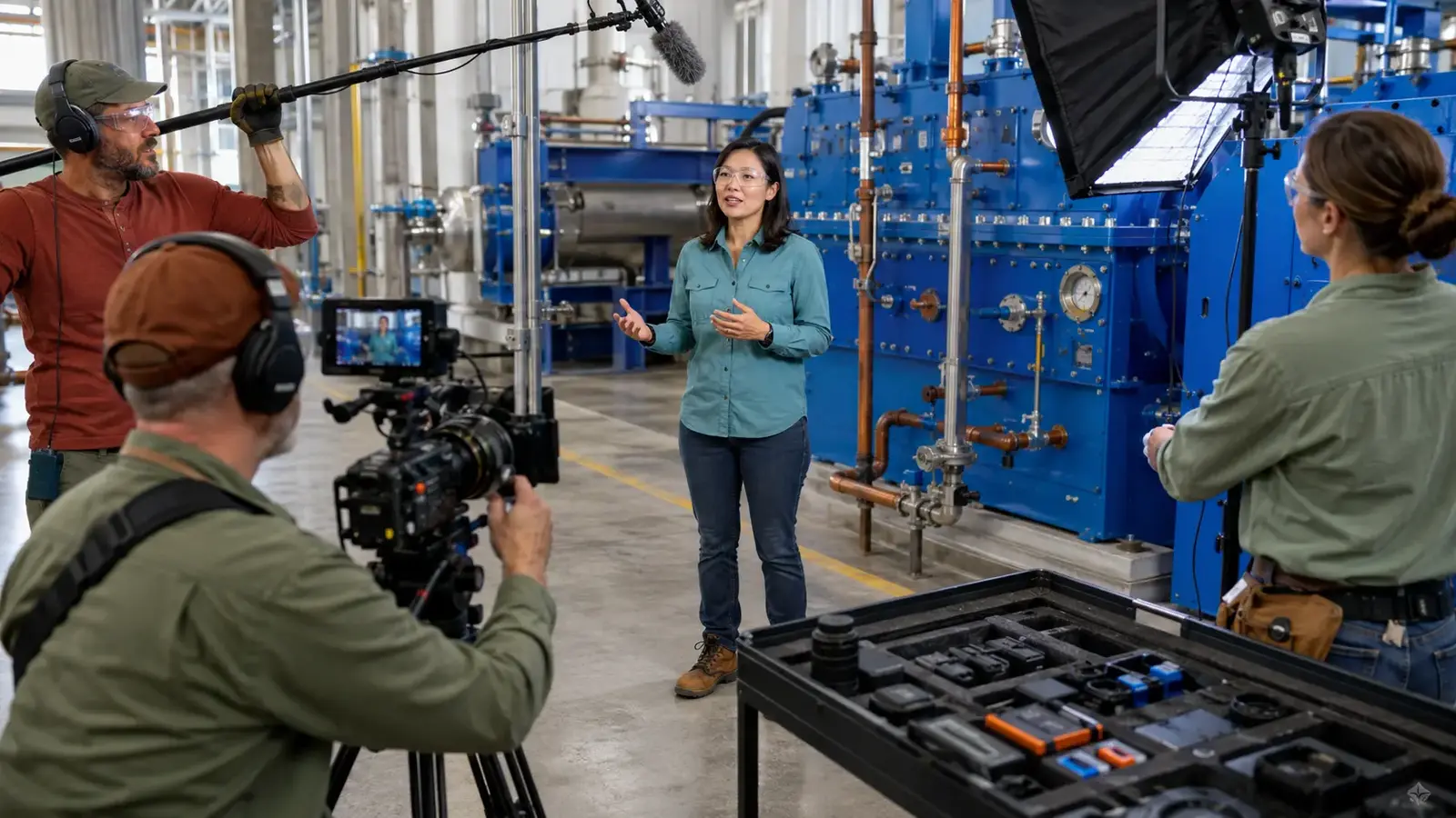 Professional crew recording an engineer beside industrial equipment during an efficient onsite production day.